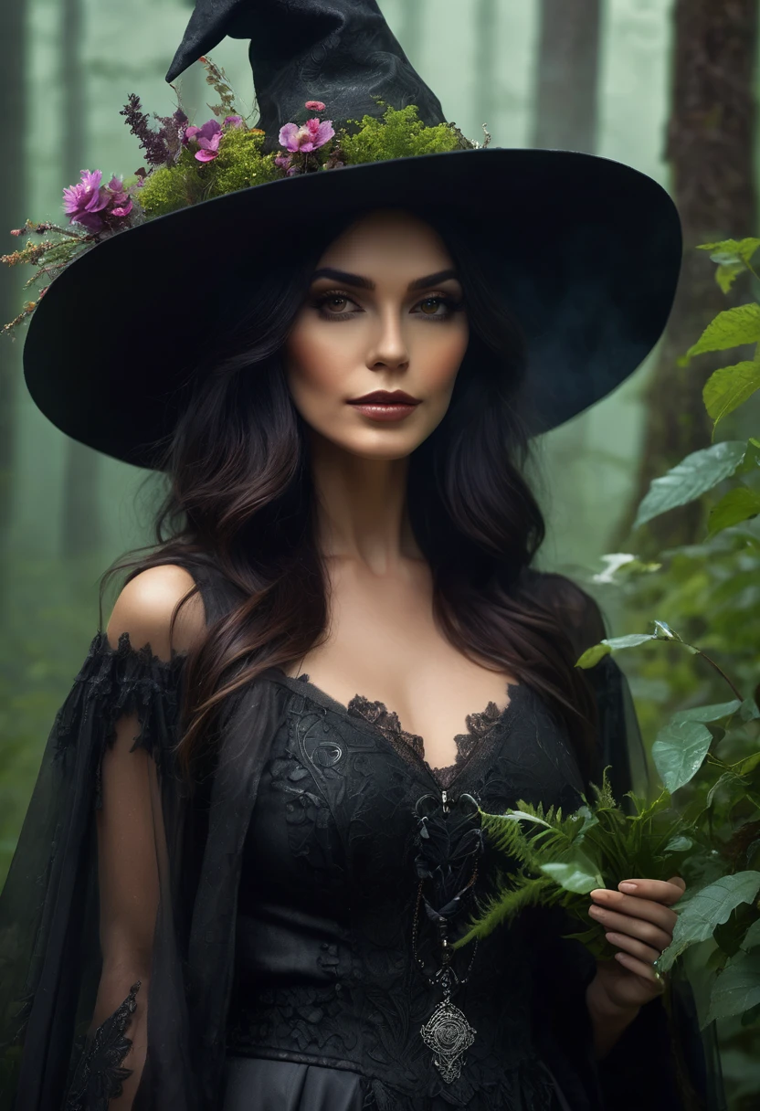 a beautiful woman WITCH WITH A hat and Forest and amazing flowers the Style-RustMagic, Aum, (atmosfera escura:1.2), (Mist & smoke), (noite escura:1.3), Cicatrizes, (shaggy medium length dark hair:1.1), (sombra:1.1), (brilho lindamente detalhado:1.2), (cinematic lighting), detalhe intrincado, high resolution,