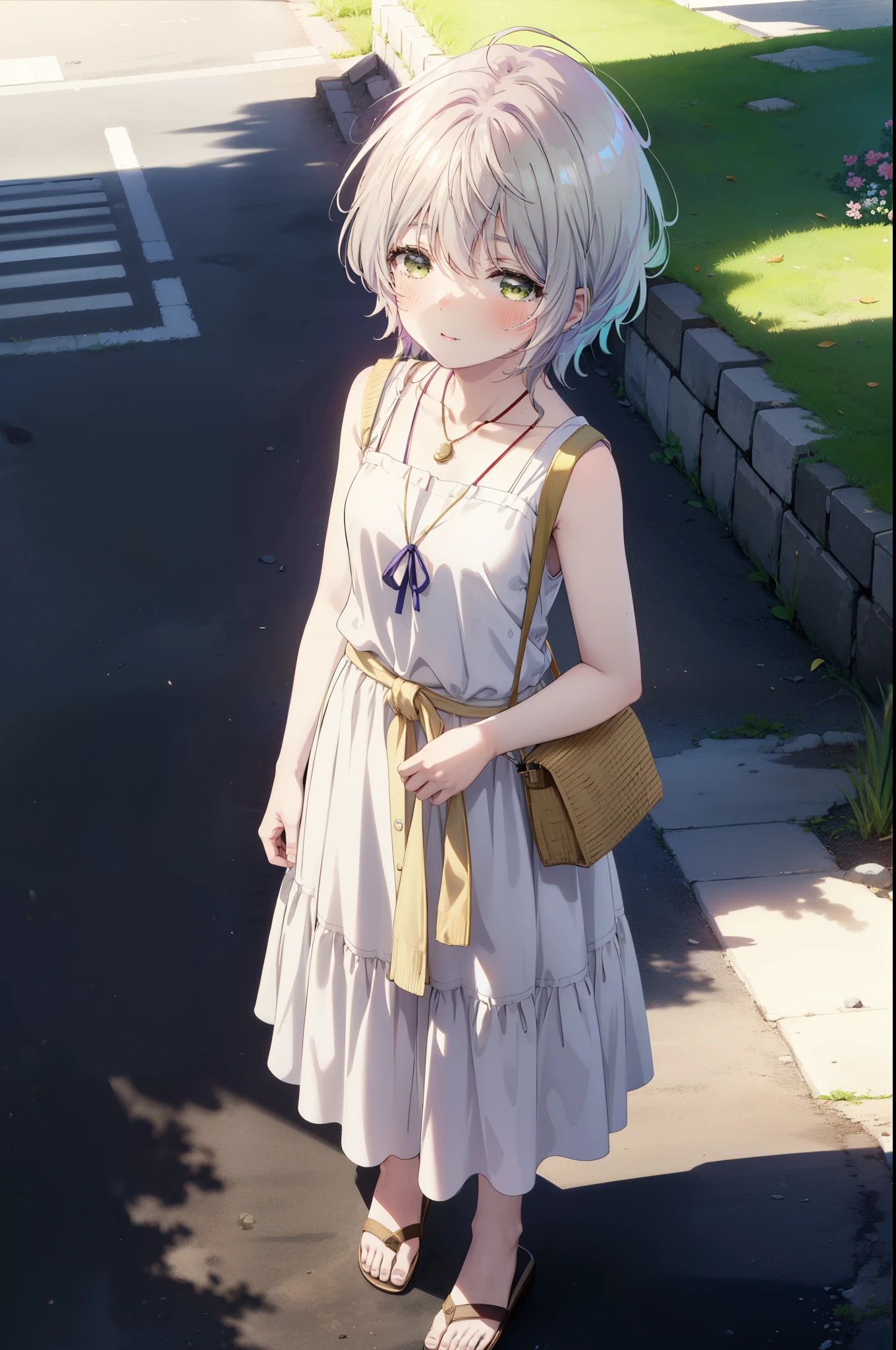 fuukakikuchi, fuuka kikuchi, １Girl Girl,short hair, bangs, Hair between the eyes, (Green Eyes:1.3), Straw hat,Brown seashell necklace,Gray Hair,smile,blush,White vest,Red Tank Top,Long skirt,Cute Sandals,whole bodyがイラストに入るように,Daytime,Clear skies,walking,morning,morning陽,The sun is rising,
break outdoors, Coastal Road,Sandy Beach,Building district,
break looking at viewer,whole body,Upper Body,
break (masterpiece:1.2), highest quality, High resolution, unity 8k wallpaper, (shape:0.8), (Fine and beautiful eyes:1.6), Highly detailed face, Perfect lighting, Highly detailed CG, (Perfect hands, Perfect Anatomy),