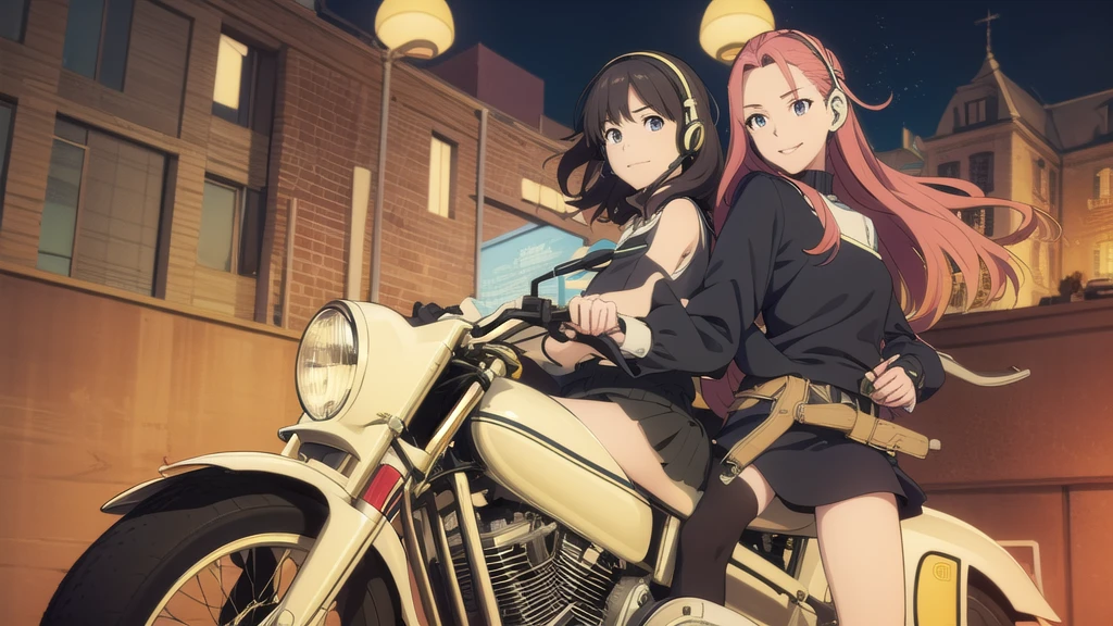 (High resolution, Best Quality, Masterpiece:1.2), (Realistic illustrations), Lo-fi Hip Hop, flat, 2.5D, Line art, Gouache color, Studio Ghibli style, Great colorful, Relaxed girl listening to music with headset, smile, はにかんだsmile, 80s city night view, Riding a motorcycle