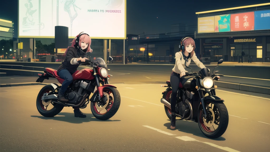 (High resolution, Best Quality, Masterpiece:1.2), (Realistic illustrations), Lo-fi Hip Hop, flat, 2.5D, Line art, Gouache color, Studio Ghibli style, Great colorful, Relaxed girl listening to music with headset, smile, はにかんだsmile, 80s city night view, Riding a motorcycle