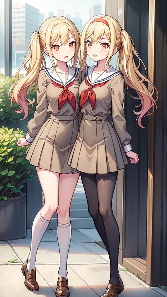 masterpiece, best quality, highres, (Conjoined_dicephalus), (2 heads:1.2), two heads, (1 body:1.5), 2 girl, solo, 2 legs, 2 arms, conjoined twins, ichigaya arisa, twintails, x hair ornament, , pleated dress, pantyhose, tenmasaki, shirt, long sleeves, twintails , sidelocks, pleated skirt, hairband, serafuku, sailor collar, side ponytail, sweater, neckerchief, eyelashes, buttons, swept bangs, wavy hair, red neckerchief,  grey skirt, white sailor collar, orange bow, happy, cowbow shot, outdoors, school