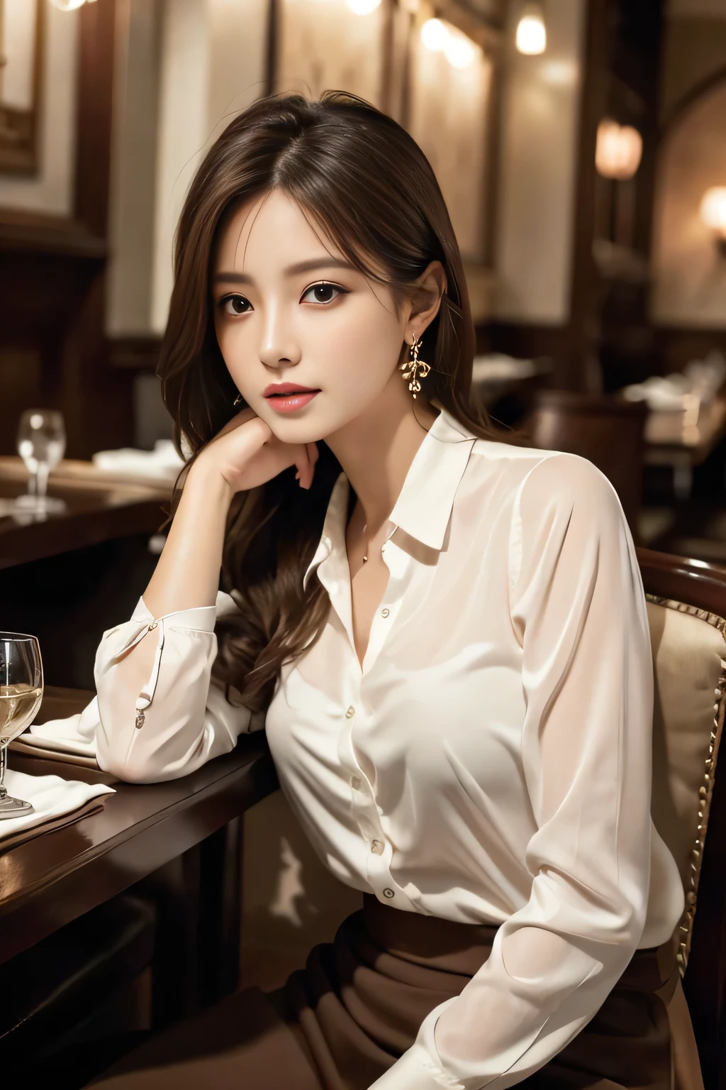 masterpiece, highest quality, Realistic, Very detailed, Finer details, High resolution, 8k wallpaper, One beautiful woman, Wear an elegant see-through shirt, In a great restaurant, At night, Light brown messy hair, Perfect dynamic composition, Beautiful and beautiful eyes、Big earrings、Sitting in a chair、