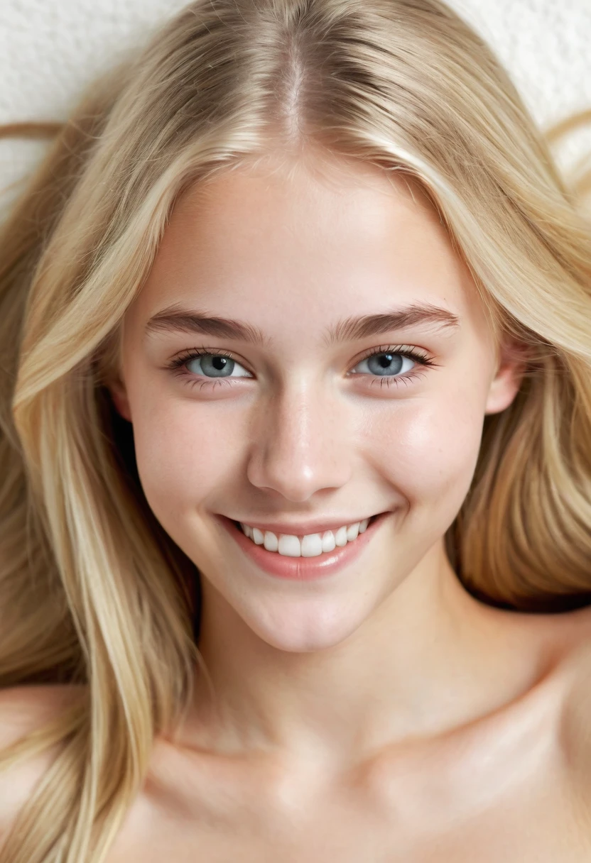white young teen, (beautifully detailed face), long blonde hair, smiling, nude, viewed from above