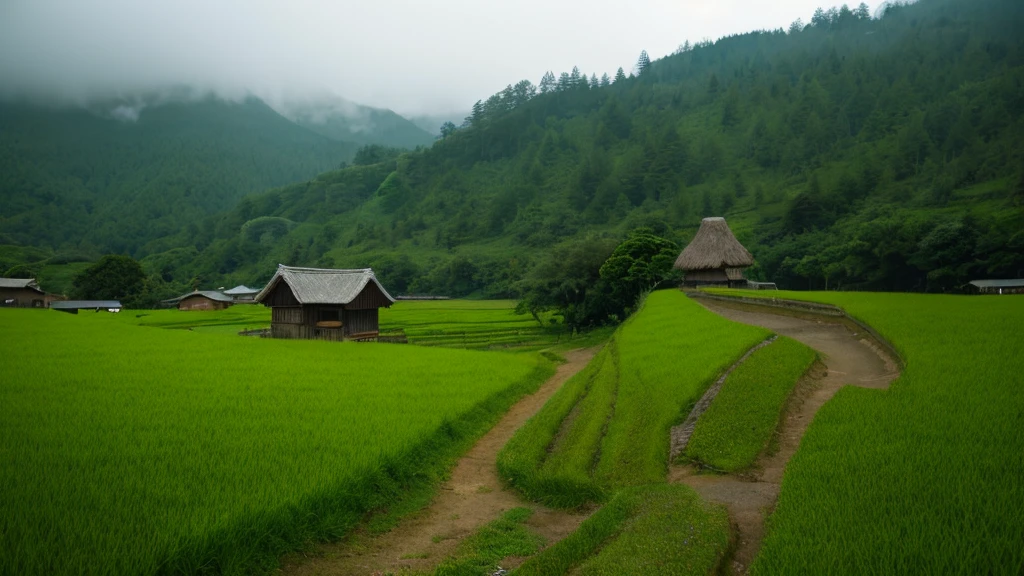 Paddy fieldを歩いている男がいる, in the background is a hut with Paddy field, Paddy field, Paddy fieldに植えられたきれいな稲の苗, hazey rain, village, agriculture, In a quiet landscape, hazey weather, In a vast and peaceful landscape, early morning, in the morning haze, 小さなvillageの裏, haze, Japanese countryside, Thatched roof --v 6