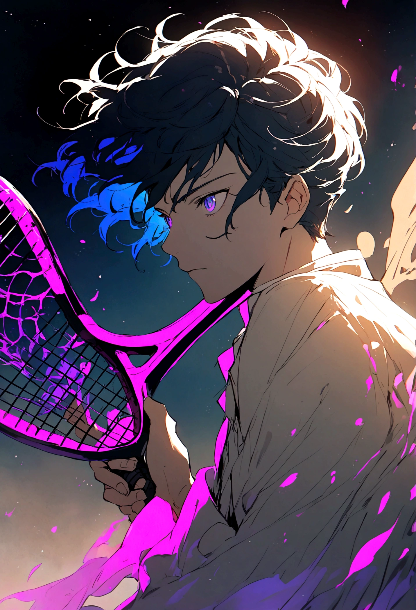 An anime boy holding a tennis racket in his hand