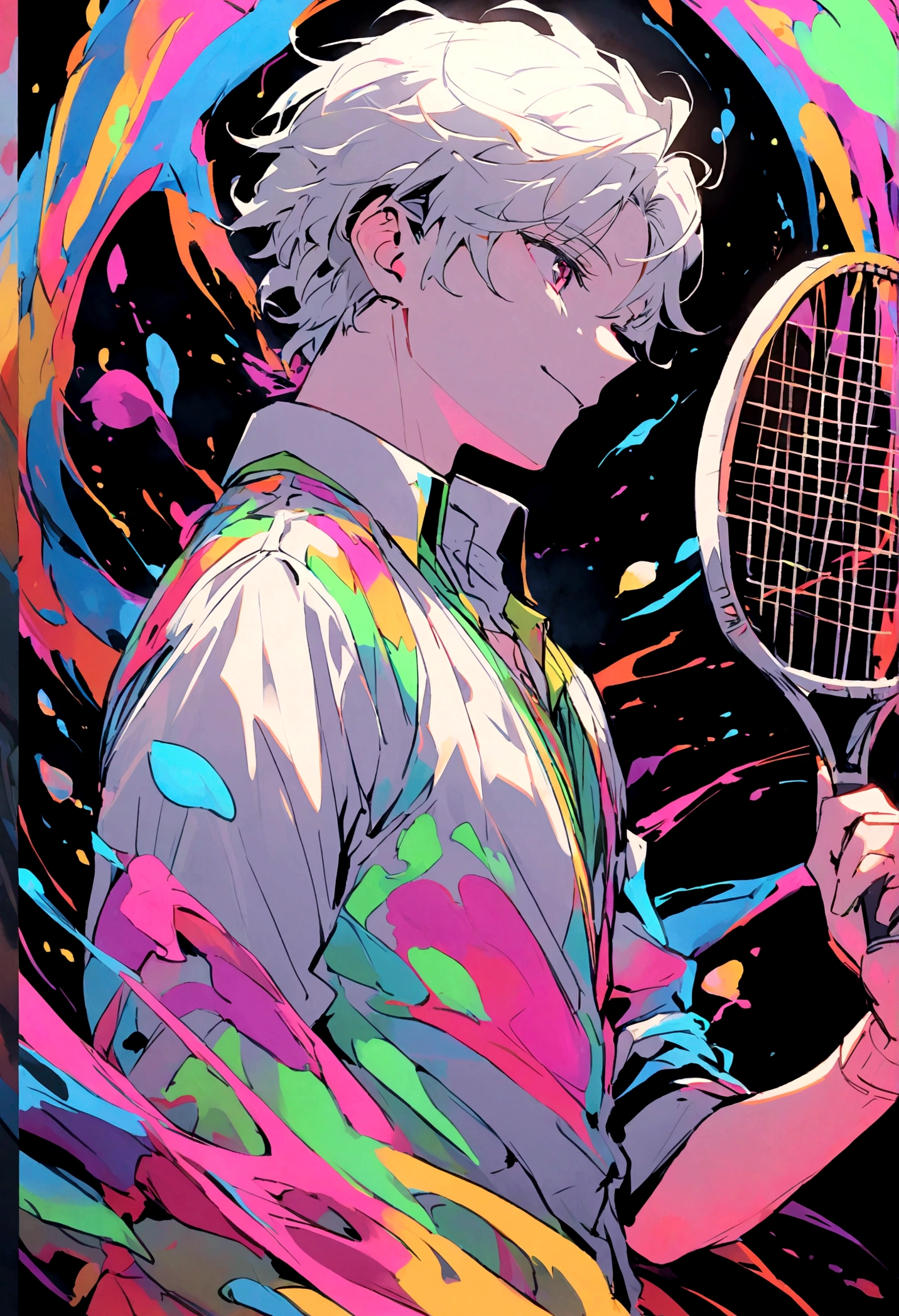 An anime boy holding a tennis racket in his hand