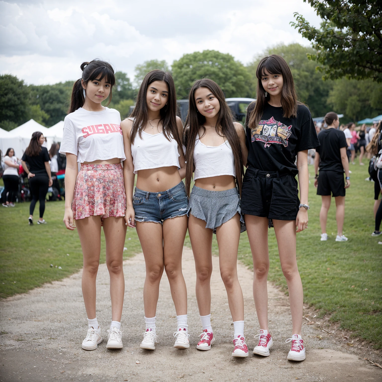 three -yeld gi at an outdoor music festival, wearing underwear, sneakers, very sexy.