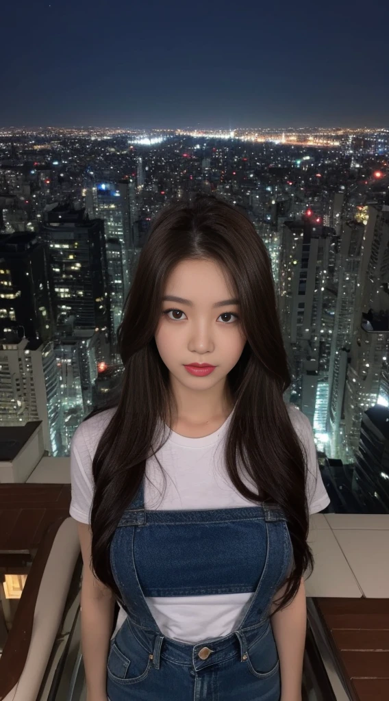 ((Midnight, Best quality, 8k, Masterpiece :1.3)), Whole body, Long legs, Sharp focus :1.2, A pretty woman with perfect figure :1.4, Slender abs :1.1, ((Dark brown hair, Big breasts :1.2)), (White tight tshirt, Jean bib, Standing:1.2), ((Night city view, Rooftop:1.3)), Highly detailed face and skin texture, Detailed eyes, Double eyelid