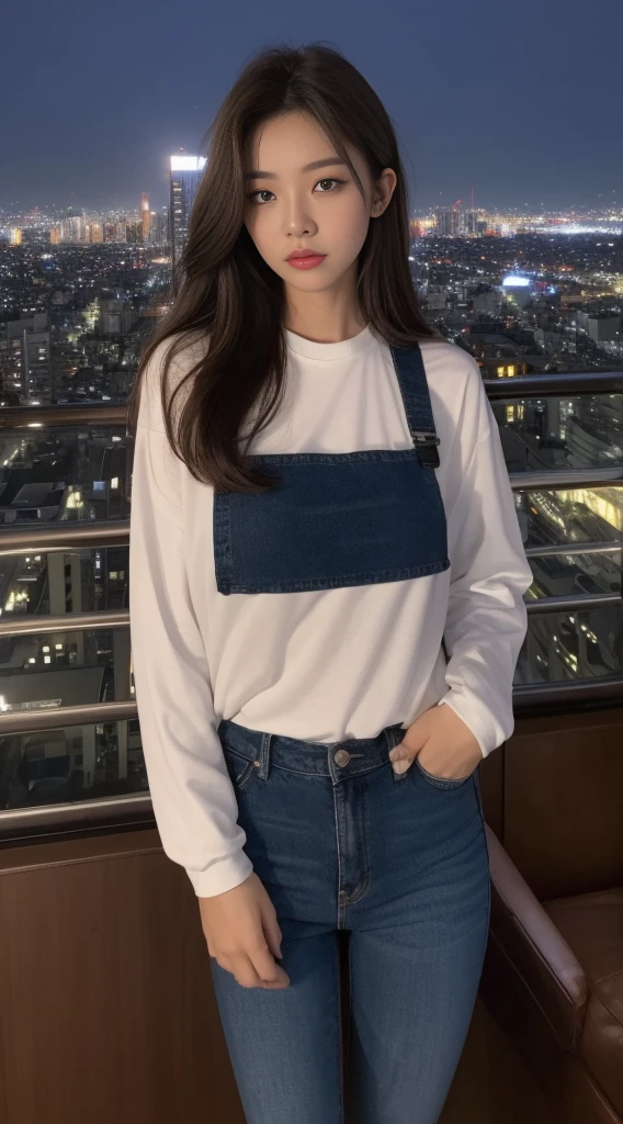 ((Midnight, Best quality, 8k, Masterpiece :1.3)), Whole body, Long legs, Sharp focus :1.2, A pretty woman with perfect figure :1.4, Slender abs :1.1, ((Dark brown hair, Big breasts :1.2)), (White tight tshirt, Jean bib, Standing:1.2), ((Night city view, Rooftop:1.3)), Highly detailed face and skin texture, Detailed eyes, Double eyelid