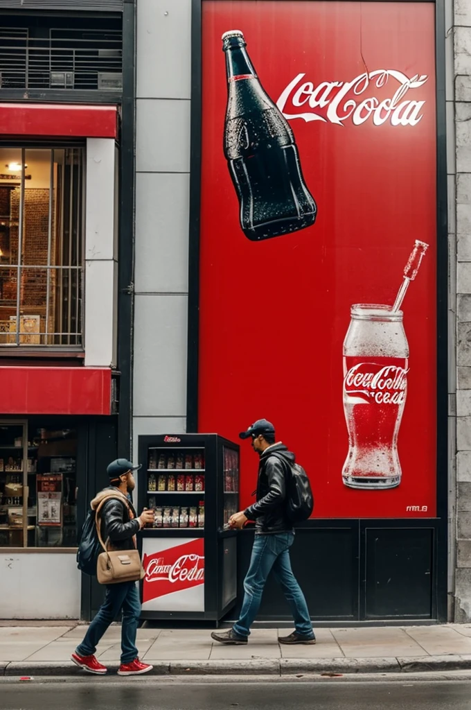 Persona abrazando coca cola gigante