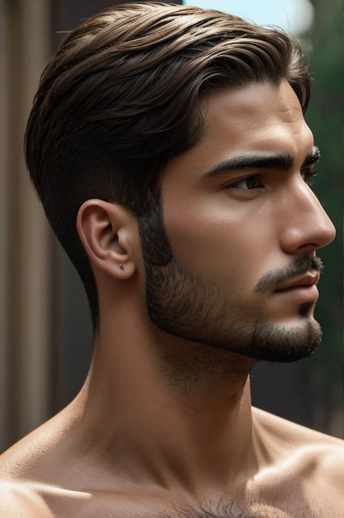 Crea una imagen realista de un joven pelado, con buenos rasgos faciales y una cicatriz en la mejilla