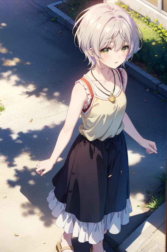 fuukakikuchi, fuuka kikuchi, 1Girl Girl,short hair, bangs, Hair between the eyes, (Green Eyes:1.3), Straw hat,Brown seashell necklace,Gray Hair,smile,blush,White vest,Red Tank Top,Long skirt,Cute Sandals,whole bodyがイラストに入るように,Daytime,Clear skies,walking,morning,morning陽,The sun is rising,
break outdoors, Coastal Road,Sandy Beach,Building district,
break looking at viewer,whole body,Upper Body,
break (masterpiece:1.2), highest quality, High resolution, unity 8k wallpaper, (shape:0.8), (Fine and beautiful eyes:1.6), Highly detailed face, Perfect lighting, Highly detailed CG, (Perfect hands, Perfect Anatomy),