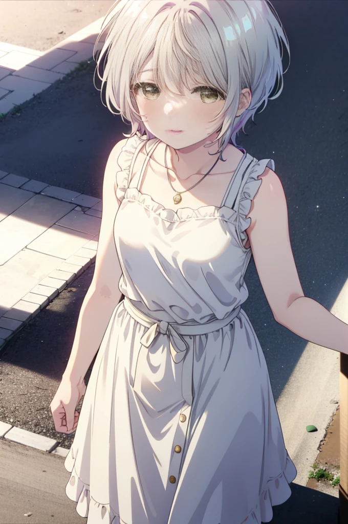 fuukakikuchi, fuuka kikuchi, 1Girl Girl,short hair, bangs, Hair between the eyes, (Green Eyes:1.3), Straw hat,Brown seashell necklace,Gray Hair,smile,blush,White vest,Red Tank Top,Long skirt,Cute Sandals,whole bodyがイラストに入るように,Daytime,Clear skies,walking,morning,morning陽,The sun is rising,
break outdoors, Coastal Road,Sandy Beach,Building district,
break looking at viewer,whole body,Upper Body,
break (masterpiece:1.2), highest quality, High resolution, unity 8k wallpaper, (shape:0.8), (Fine and beautiful eyes:1.6), Highly detailed face, Perfect lighting, Highly detailed CG, (Perfect hands, Perfect Anatomy),