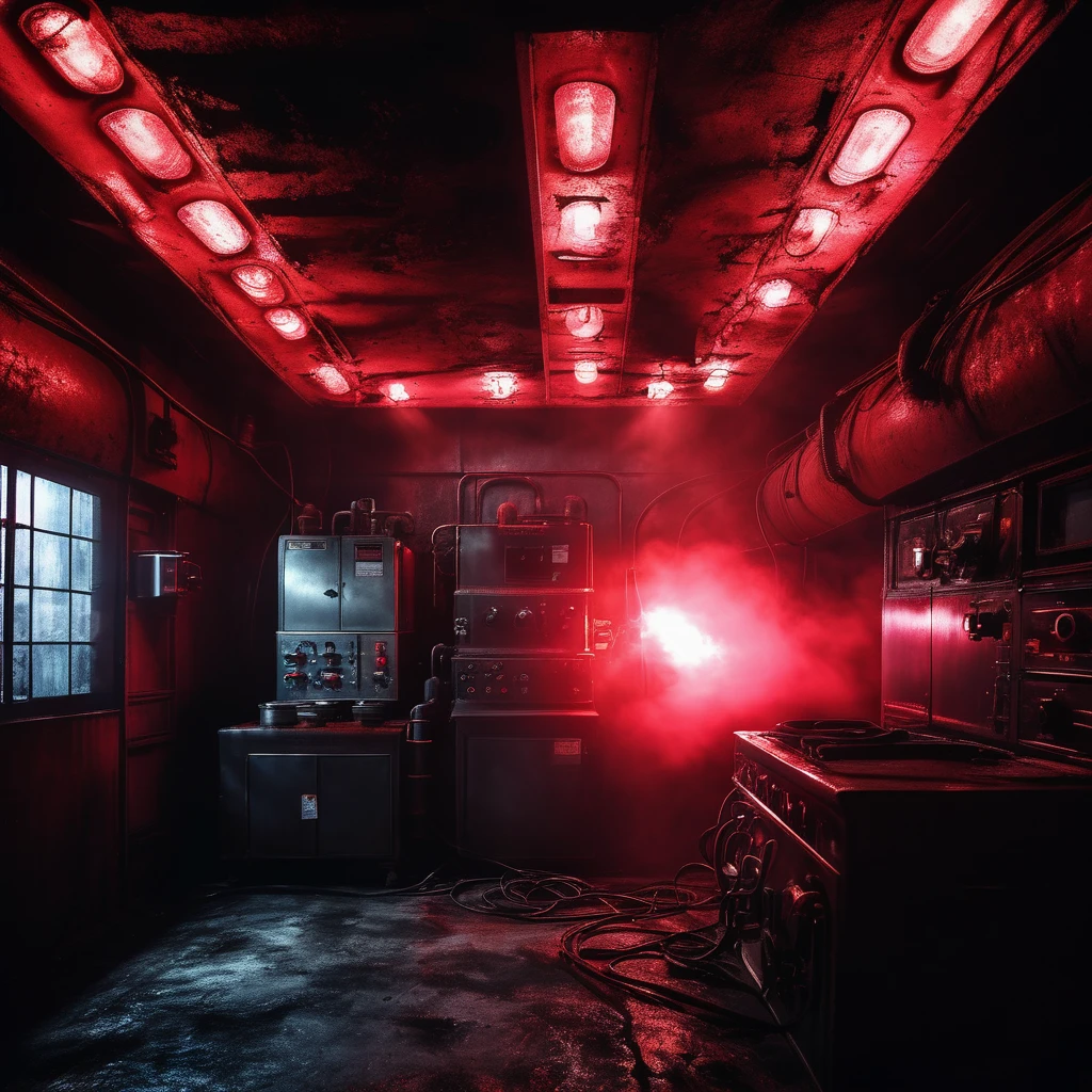 horror creepy boiler room, dark red lights, hyper realistic, horror, dark background, dark atmosphere, horror lighting, detailed, cinematic lighting, chiaroscuro atmospherevery detailed, professional photo 