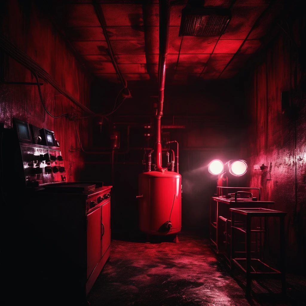 horror creepy boiler room, dark red lights, hyper realistic, horror, dark background, dark atmosphere, horror lighting, detailed, cinematic lighting, chiaroscuro atmospherevery detailed, professional photo 