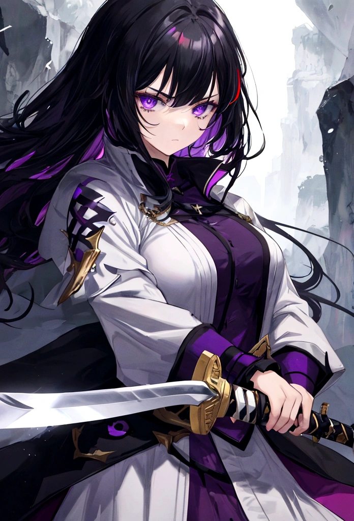 a woman with black hair and white streaks with sad face holding a large purple sword, detailed eyes, detailed sword, cinematic lightning