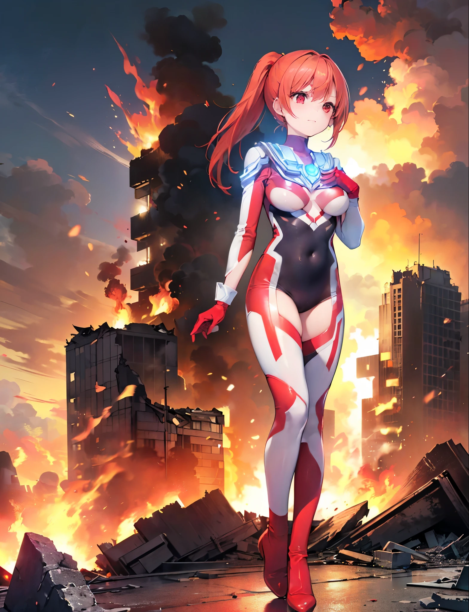 Realistic,highest quality, Ultra Detail, High-quality CG rendering, The most delicate and beautiful, Floating softly, High resolution, (1 giant girl), (Highest quality,4K,8K,masterpiece:1.2),(All red hair:1.5), (Short ponytail:1.5),(Red eyes:1.5), (Ultra Girl:1.0), (Red Ultraman bodysuit:1.4),(Do not expose your skin:1.4),(Slightly larger breasts:1.5),(Clenched Fist:1.2),(Place your hands in front of your chest:1.3),(Red gloves:1.3),(Red Shoes:1.3),(whole body:1.3),(front:1.2),(Are standing:1.3),(A city engulfed in flames:1.3),(Buildings in flames:1.3),(Burning Ruins:1.3)