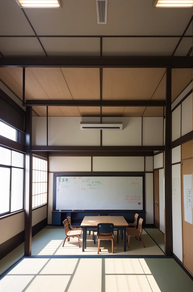 

"Por favor, describe a typical Japanese classroom, incluindo elementos como mesas e cadeiras, quadro-negro, materiais de estudo, Decoration, uniformes escolares (se houver), technological equipment and any other relevant details."