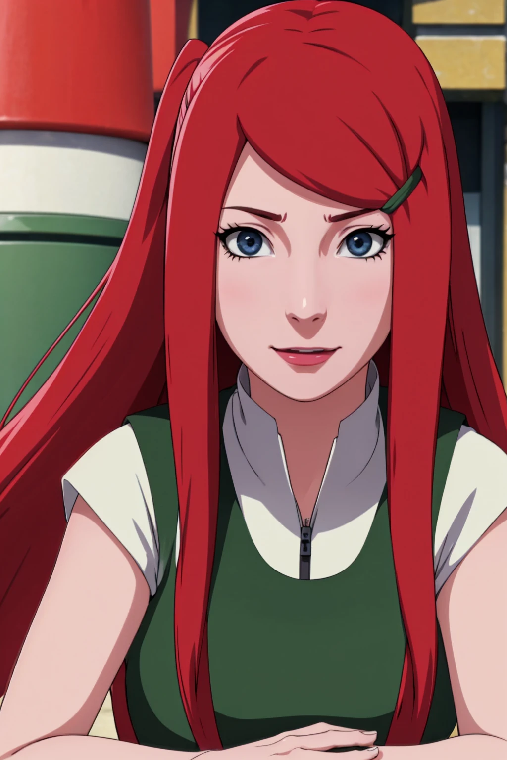 a close up of a person with long hair and a green and white dress, uzumaki kushina, uzumaku kusgiba from anime naruto shippuden, as an anime character, perfect anime face, she has red hair with bangs, female anime character, anime character, anime best girl, hime cut hairstyle, red hair, (red glossy lips:1.3), blue eyes, smile, big , realistic, ultra detail, city background, (beautiful face:1.3)