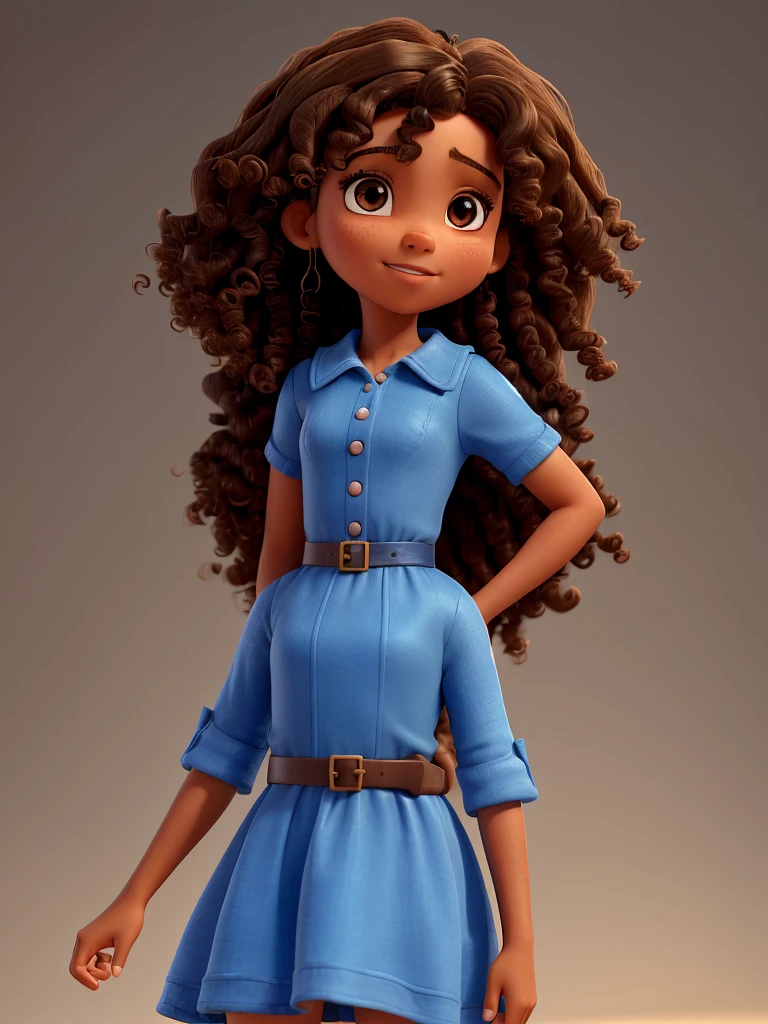 Victory, a , with light brown skin and curly hair and dark brown eyes and pointing her finger, wearing a blue and black dress