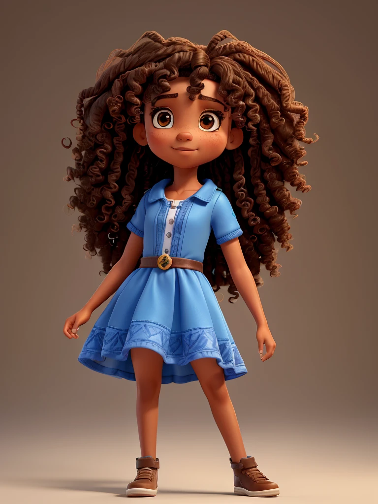 Victory, a , with light brown skin and curly hair and dark brown eyes and pointing her finger, wearing a blue and black dress