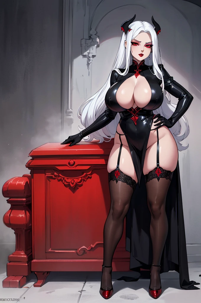 (masterpiece, best quality, high resolution, ((standing full body)), ((huge breasts)) 1 beautiful woman, white skin, very long white hair, red eyes, black sclera, red lips, black vampire dress very sexy, cleavage, black gloves and stockings, jewelry, flirtatious posture, black yacons