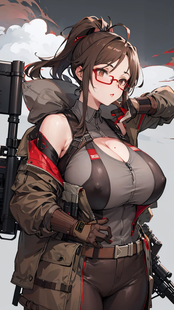 brown and gray sniper girl wearing brown militray suit,Huge Breasts,ruins,red glasses,Thick smoke,cleavage,Lipstick,pant,ponytail hairstyle