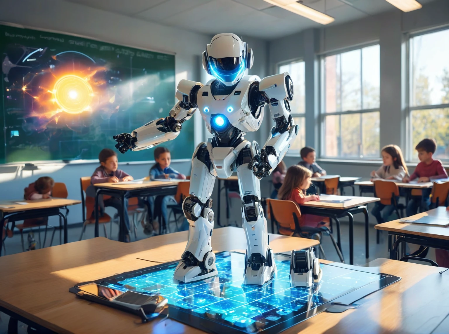 Illustrate a futuristic robot teaching children in a classroom about energy conservation and renewable sources. The background is a modern classroom with solar panels on the roof, and the robot uses interactive holograms to engage the students. The children are attentive and excited.