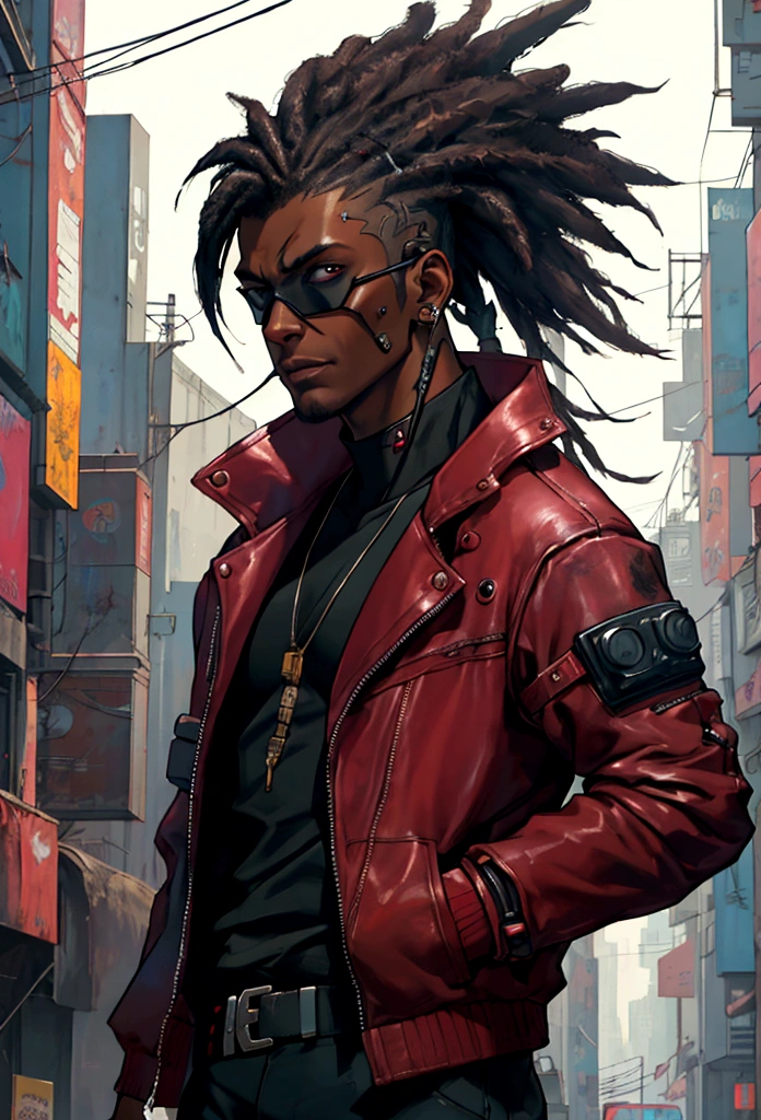 Dark skin man in a leather maroon colored jacket walking down a street, hyper-realistic cyberpunk style, portrait of a cyberpunk man, cyberpunk art ultrarealistic 8k, cyberpunk style ， hyperrealistic, cyberpunk character, trendin on artstation, cinematic full character, trending on artstation 4k, portrait of a cyberpunk cyborg, cinematic realistic portrait, cyberpunk hero