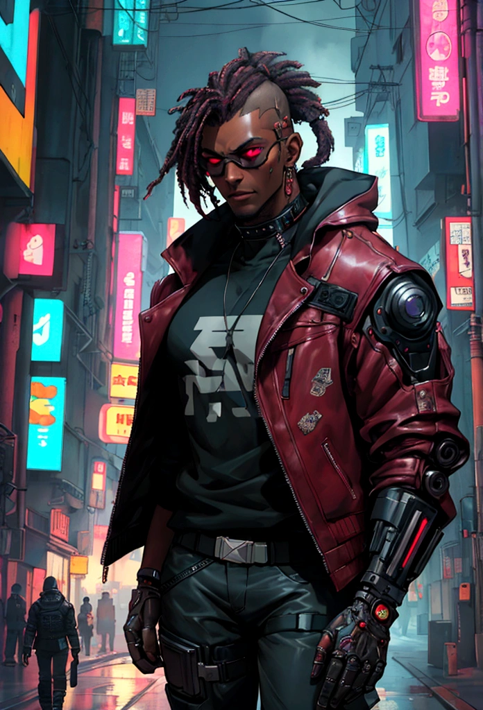 Dark skin man in a leather maroon colored jacket walking down a street, hyper-realistic cyberpunk style, portrait of a cyberpunk man, cyberpunk art ultrarealistic 8k, cyberpunk style , hyperrealistic, cyberpunk character, trendin on artstation, cinematic full character, trending on artstation 4k, portrait of a cyberpunk cyborg, cinematic realistic portrait, cyberpunk hero