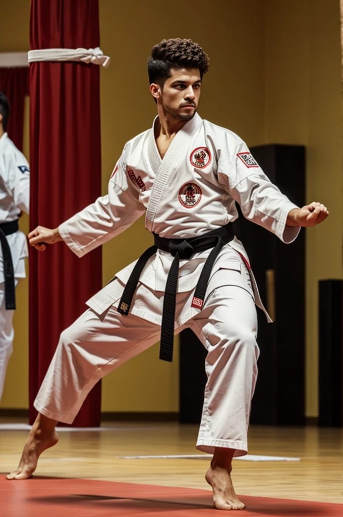 Un chico con pelo rojo cresta traje de karate negro
