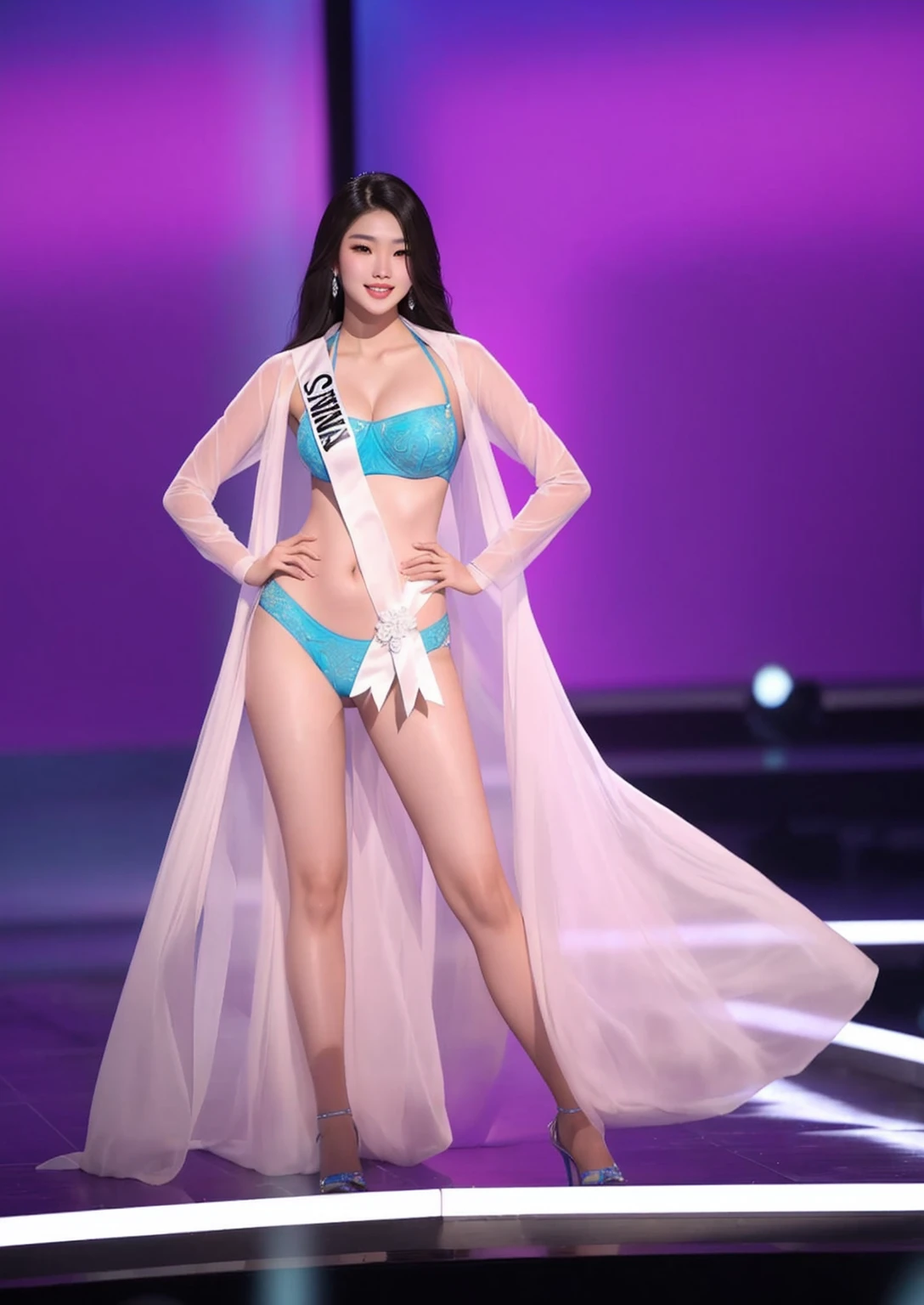 una mujer en bikini azul y una faja blanca en un escenario, Miss Universo, cindy avelino, reina del mar mu yanling, xianxia de cuerpo completo, sha xi, chen xintong, rendering of beauty pageant, Heonhwa Choe, mei-ling zhou, jiyun chae, chiho ashima, oct, kim taejin