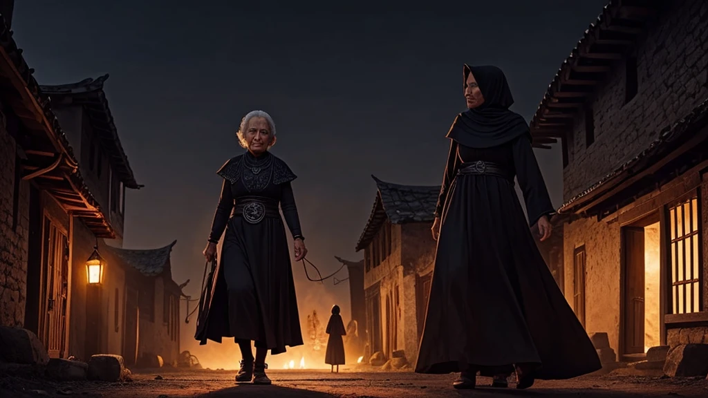 An old woman who holding highly black magic power in an ancient village, demon and evil follow her path in a night eerie