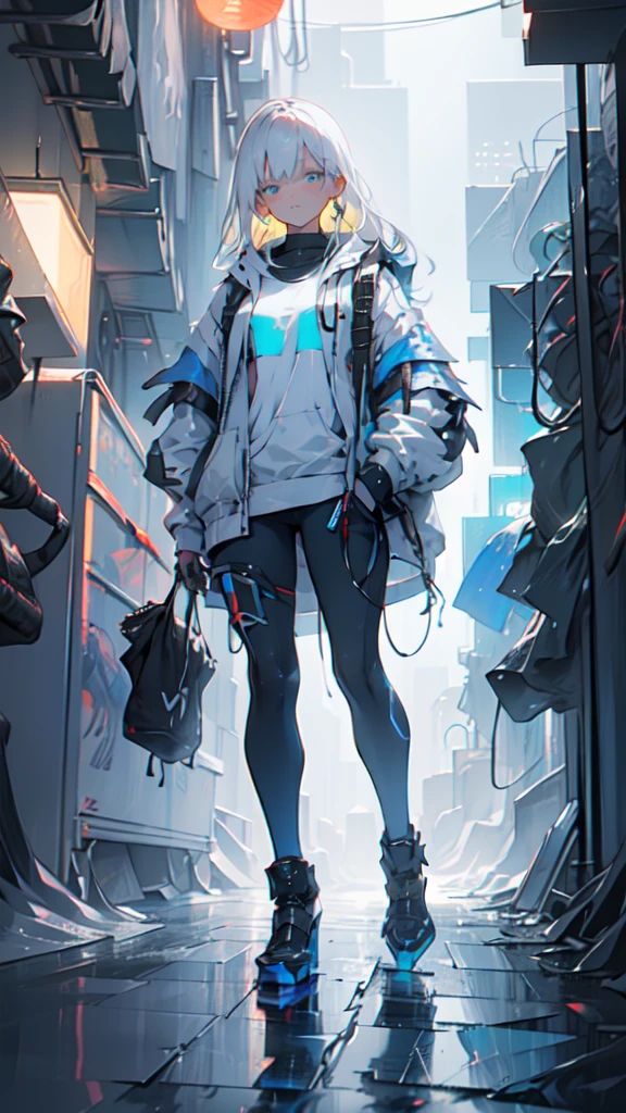 1 girl, long Yellow hair , cyberpunk, blue eyes, high heels, hand in pocket, best quality, 4k, 8k, highres, masterpiece:1.2, ultra-detailed, realistic, photorealistic, photo-realistic:1.37, HDR, UHD, studio lighting, ultra-fine painting, sharp focus, physically-based rendering, extreme detail description, professional, vivid colors, bokeh, cyberpunk, science fiction, neon lights, dark atmosphere, dramatic lighting