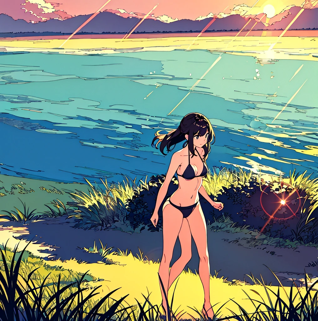 a young woman wearing a bikini is standing in the grass next to a sun burst