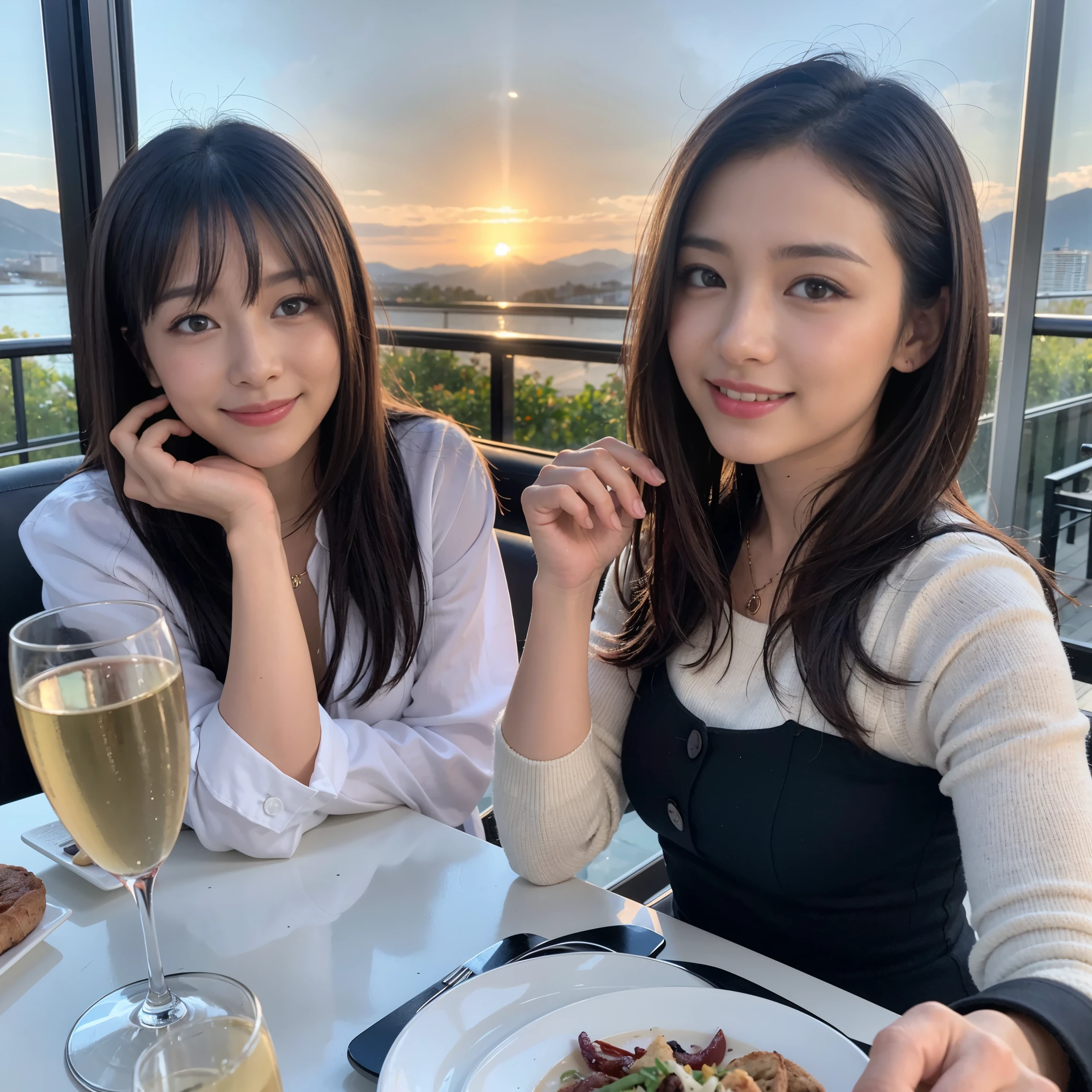 ((highest quality、8k、masterpiece:1.3))、1 male、1 female、Couple、spouse、Couple、The body is slim、((Bob Hale、Straight hair:1.2)), (Realistic, Intricate details:1.2), テーブルの上のwine glass、Put the light on your face、 Amazing view of the sunset sky and clouds、Amazing mountain views、A bright smile、The wonderfulness of smile、Bright image、The beauty of wine, Beautiful Face, blue eyes, The light shines on your face, Blushing, short hair,Bright Face、 (Age 37), 39 years old, red wine 、Appetizers、Italian food、Wine bottle、Champagne、sparkling wine、Two beauties、Brown Hair、Shortcuts、Long sleeve shirt、dress、Pretty Woman 1, (slimな顔), (The body is slim), (Brown Hair), (Shortcuts), cheeks turn a little red,Attractive beauty、restaurant, In a prominent place (From the waist up) Nova Frog Style, actress, model, Upper Body, White wine, slim, wine glass, 中央に置かれたwine glass, smile, (smile: 1.15), Beautiful fine grain, Depth f/2,saturation, High Contrast, Strong light and shadow,Moist Body:1.5、3D texture、Delicate eyes、Brown Hair、The hair is very shiny、
