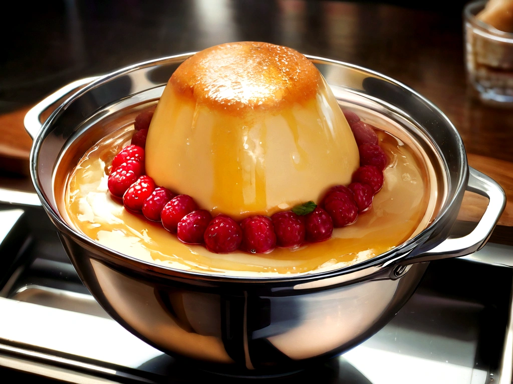 Berry, Baked in Pudding Baked Pudding with Berry,ストロBerry,ブラックBerry,ブルーBerry,In metal form,Ultra-realistic, Professional photos, 4K, High resolution, Food Style, Cool, From the restaurant, Focus on cooking, Very detailed