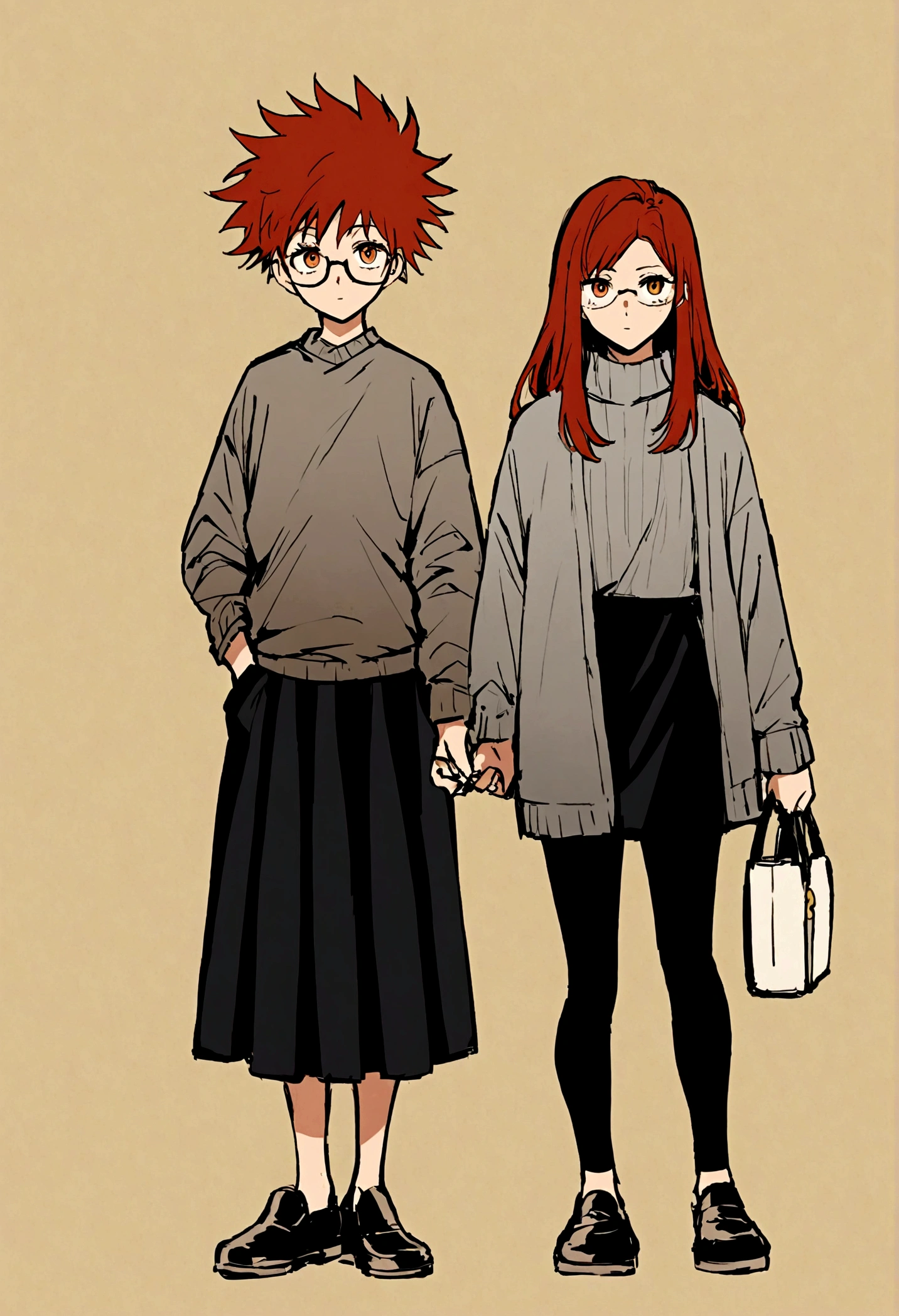 Jujutsu kaisen full body female anime character. She has _red____ hair. She was brown eyes. She is wearing a grey sweater ___ with black skirt and black moccasin_ shoes. She is holding _a white bag_____ on one hand while the other is in his pocket. She also has _glasses.