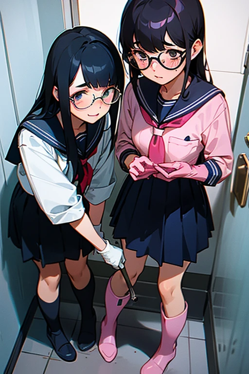 A pair of freckled high school girls with glasses and black hair in navy blue long-sleeved sailor uniforms cleaning the school toilets while wearing large pink rubber gloves and white rubber boots