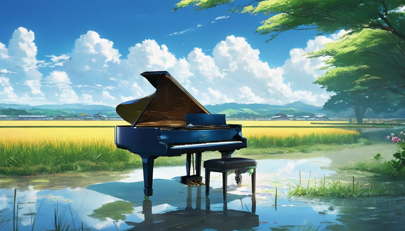 A grand piano in the Japanese countryside、In the background, rice fields are planted.、The sky is a piercing blue.、Makoto Shinkai style touch、A grand piano placed on the bank in front of the rice fields、The piano is not submerged in water.、A grand piano placed beside a rice field