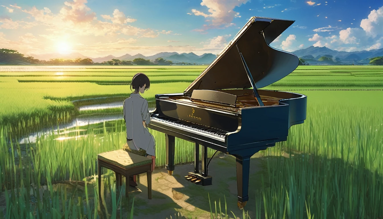 A grand piano in the Japanese countryside、In the background, rice fields are planted.、The sky is a piercing blue.、Makoto Shinkai style touch、A grand piano placed on the bank in front of the rice fields、The piano is not submerged in water.、A grand piano placed beside a rice field