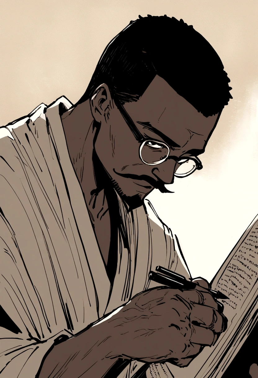A pen and ink sketch of an African black man reading the Bible, wearing glasses, with a mustache, goatee, and very short, closely shaved hair with sparse strands.