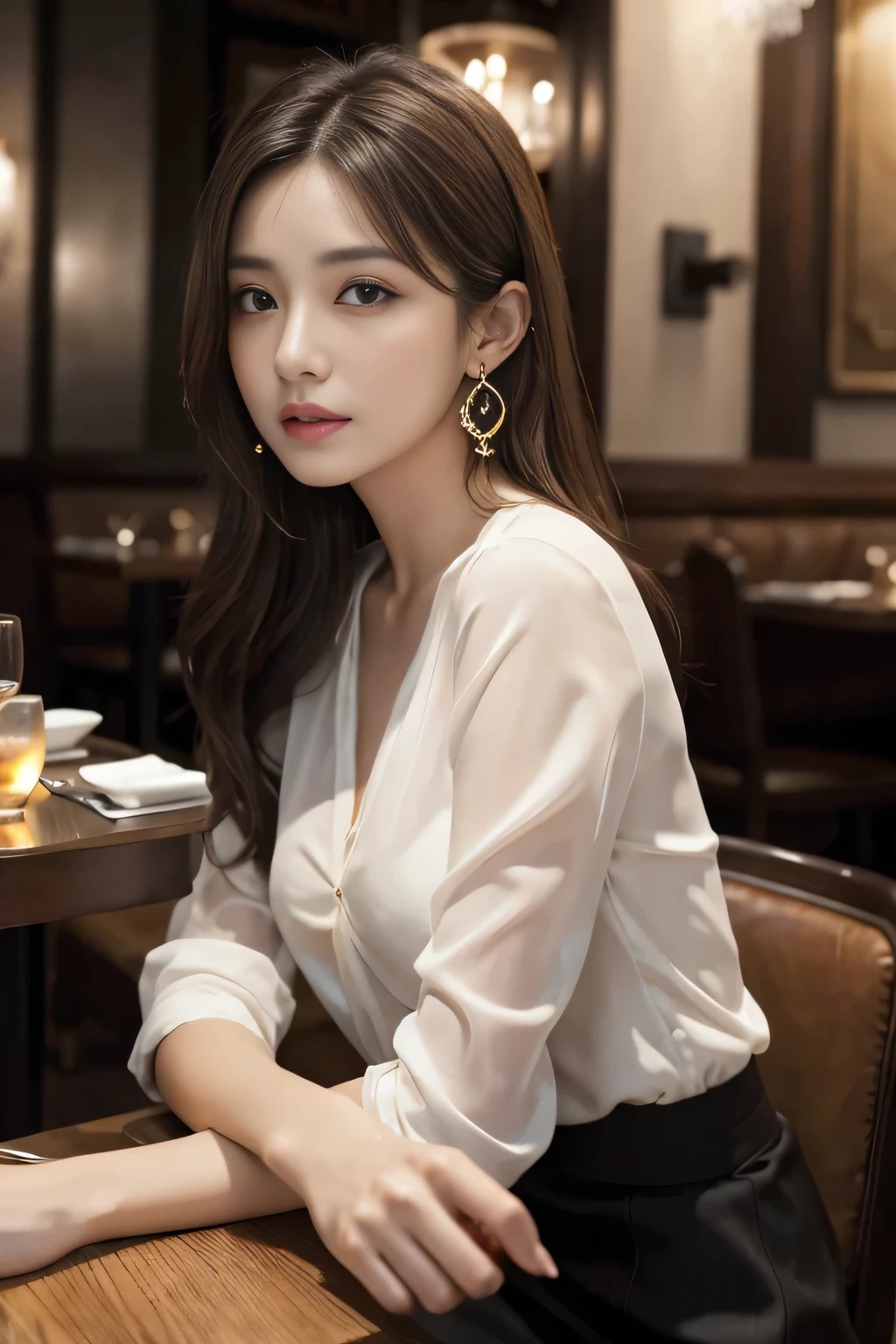 masterpiece, highest quality, Realistic, Very detailed, Finer details, High resolution, 8k wallpaper, One beautiful woman, Wear an elegant see-through shirt, In a great restaurant, At night, Light brown messy hair, Perfect dynamic composition, Beautiful and beautiful eyes、Big earrings、Sitting in a chair、