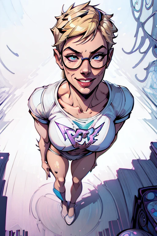 (full body:1.4),((hyper-realistic illustration:1.4)), Athletic blonde woman, (short hair), tomboy, cute, ((smile)), Reading glasses, t-shirt, panties, very light makeup. Masterpiece, best quality,(highly detailed:1.2),(detailed face and eyes:1.2), depth of field, 8k wallpaper, natural lighting, core shadows, high contrast, bokeh.
