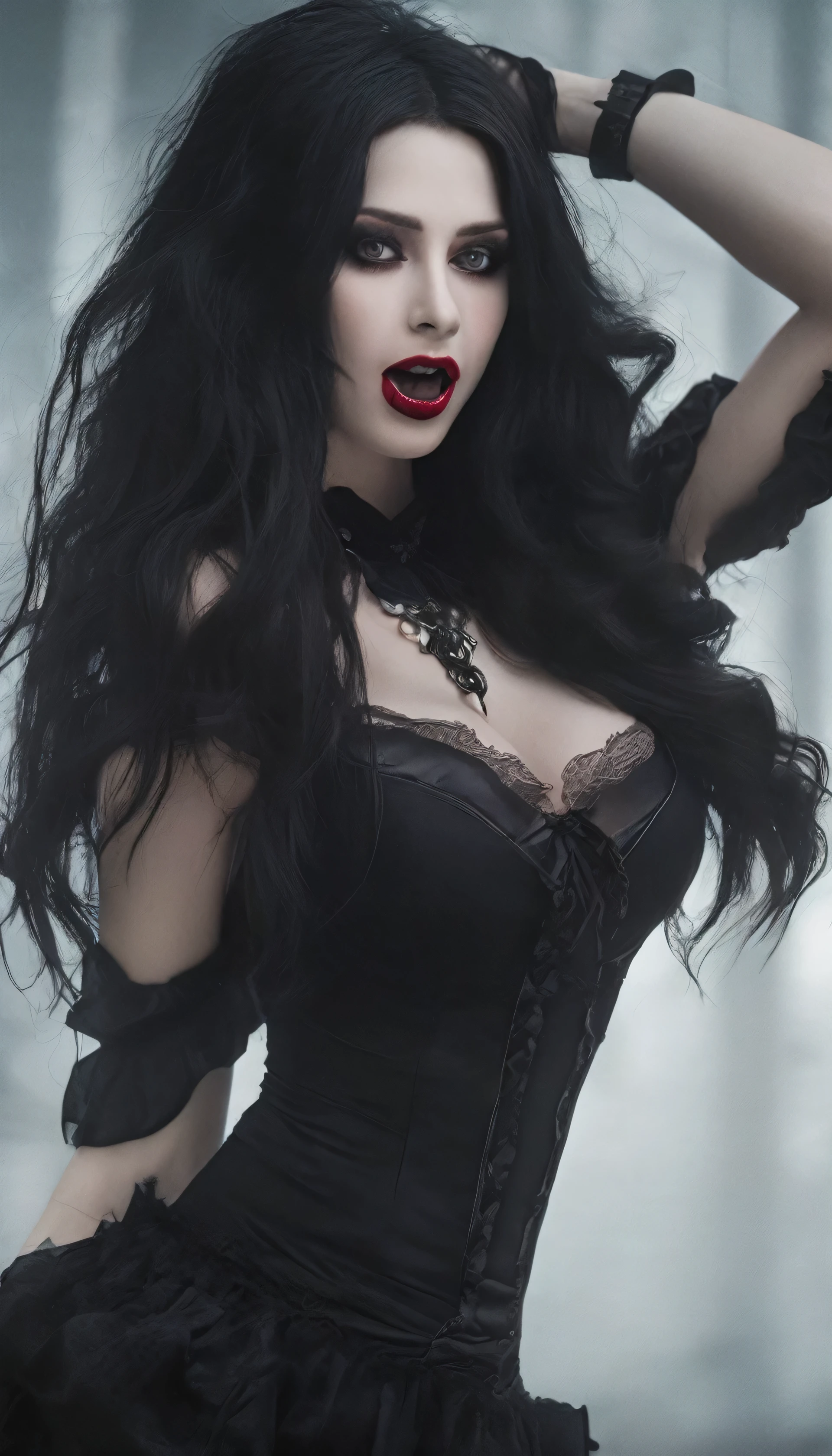 seductive vampire woman, busty and long black hair, realism, pale skin, sharp fangs, dark eyes, mouth open with sharp teeth, loose hair, Gothic attire, Canon,4K, mysterious, sinister, horror, Gothic, High 8K Image Quality, detailed image 16K, her mouth open with vampire fangs