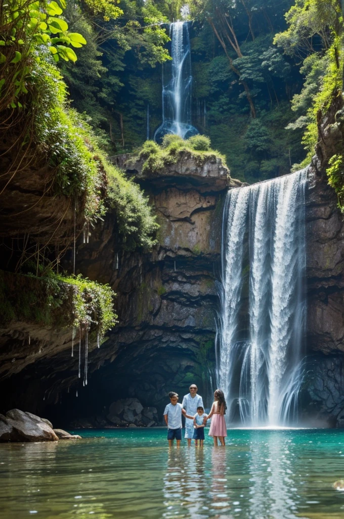 Create a cute and friendly family in a beautiful waterfall dripping with crystal clear water