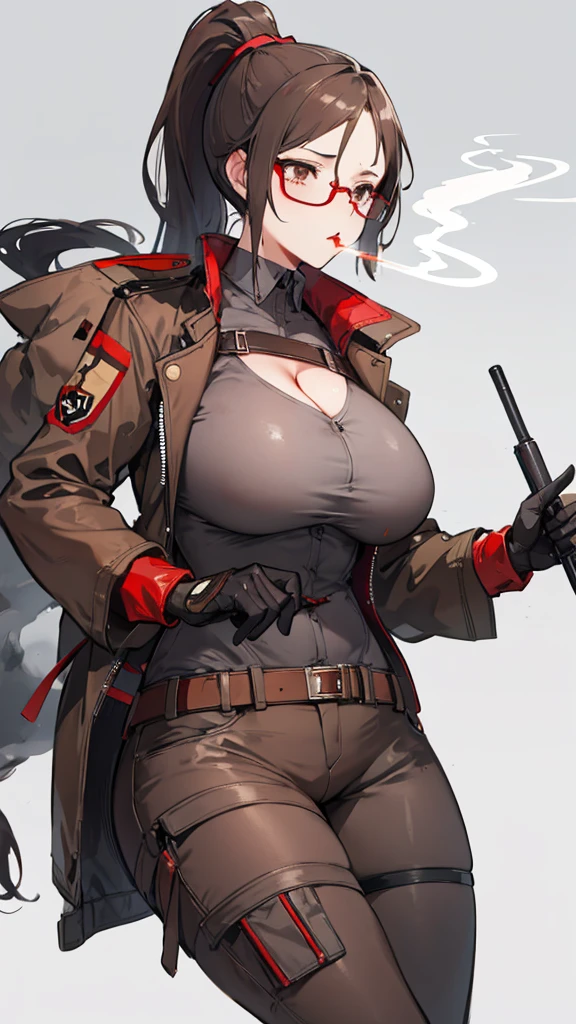 brown and gray sniper girl wearing brown militray suit,Huge Breasts,ruins,red glasses,Thick smoke,cleavage,Lipstick,pant,ponytail hairstyle,bite cigarette