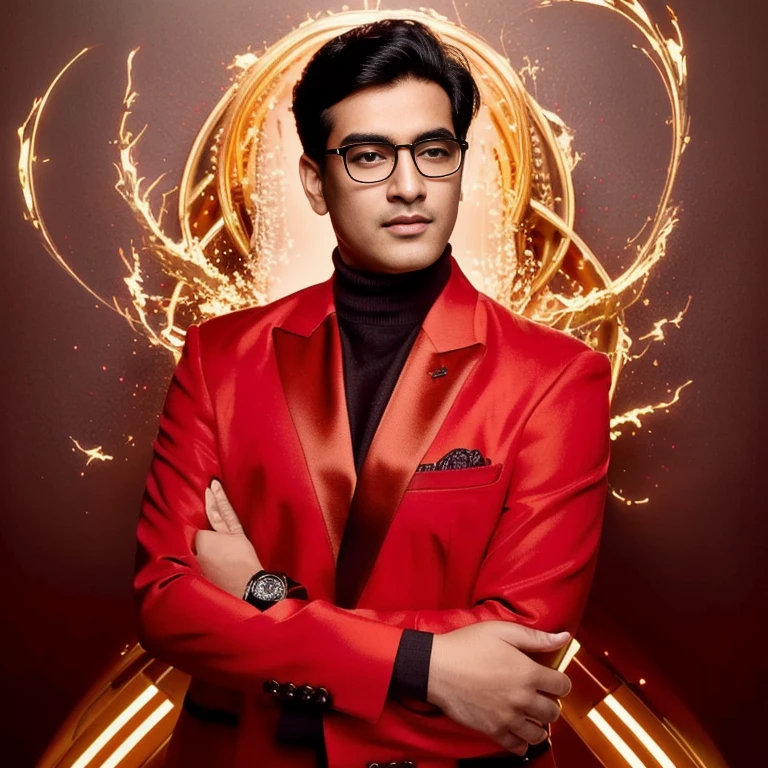 arafed man in a red suit and glasses with a red jacket, แรงบันดาลใจจาก Kailash Chandra Meher, Godfather Khan, red suit, cool red jacket, red mood in the background, Inspiration from Zerabjethani, wearing a black and red suit, A great and beautiful portrait., Profile picture 1024px, Inspired by Jitish Kallat, in the red background