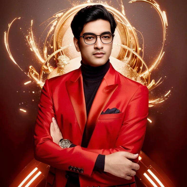 arafed man in a red suit and glasses with a red jacket, แรงบันดาลใจจาก Kailash Chandra Meher, Godfather Khan, red suit, cool red jacket, red mood in the background, Inspiration from Zerabjethani, wearing a black and red suit, A great and beautiful portrait., Profile picture 1024px, Inspired by Jitish Kallat, in the red background