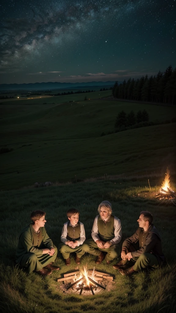 A vast green plain with a family of shepherds. Twelve brothers and their father, Jacob, gathered around a bonfire under the starry sky."Foco: The green landscape and the family.